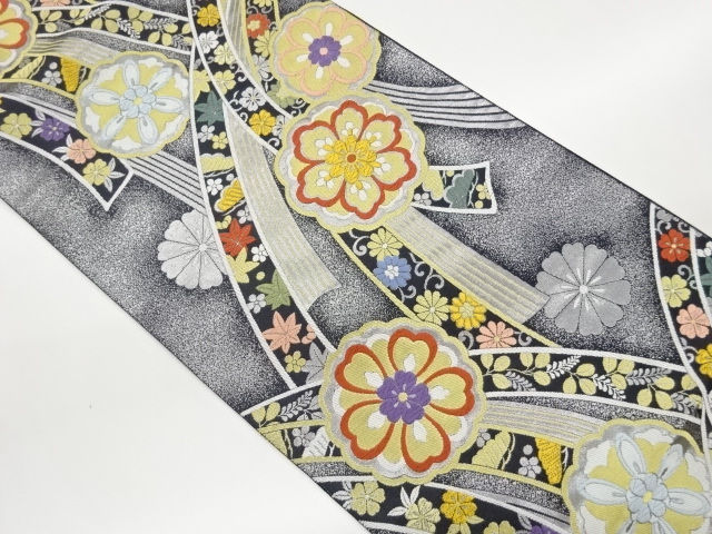 JAPANESE KIMONO / FUKURO OBI / SILK / WOVEN PINE & FLOWERS & FLORAL ARABEQUE